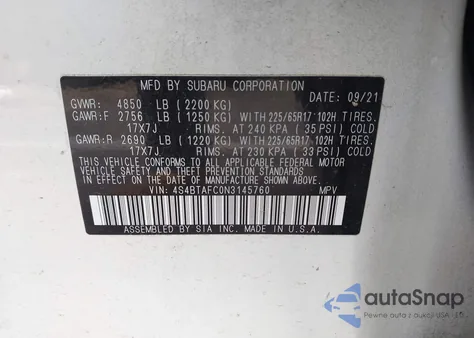 2022 Subaru Outback Premium z USA, uszkodzony, nr VIN 4S4BTAFC0N3145760